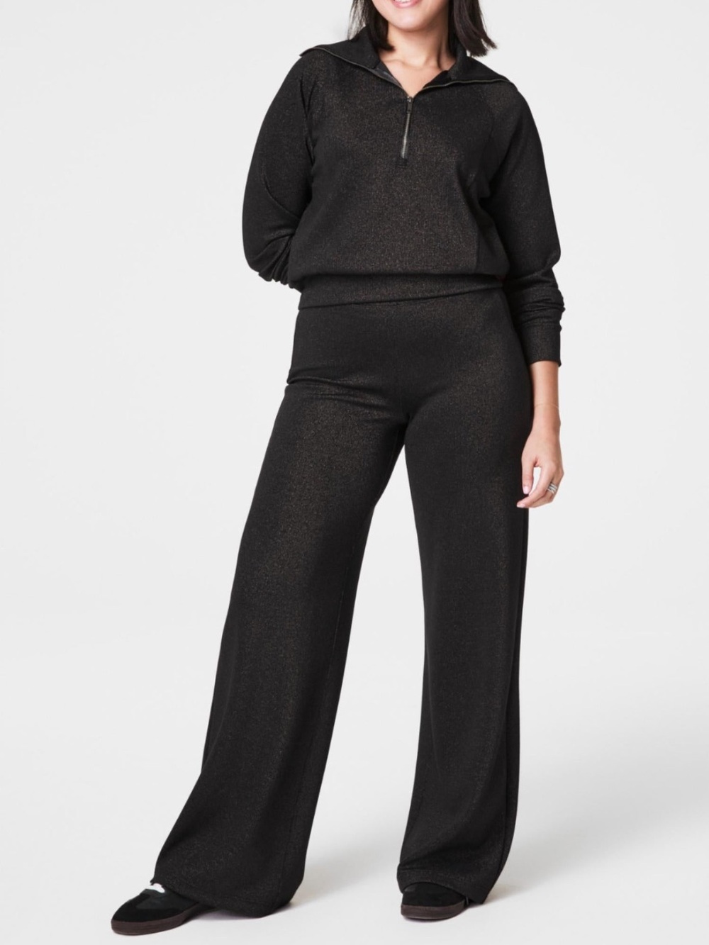 SPANX Air Essentials Wide Leg Pants Black Glittery Gold Athleisure Chic Luxe M